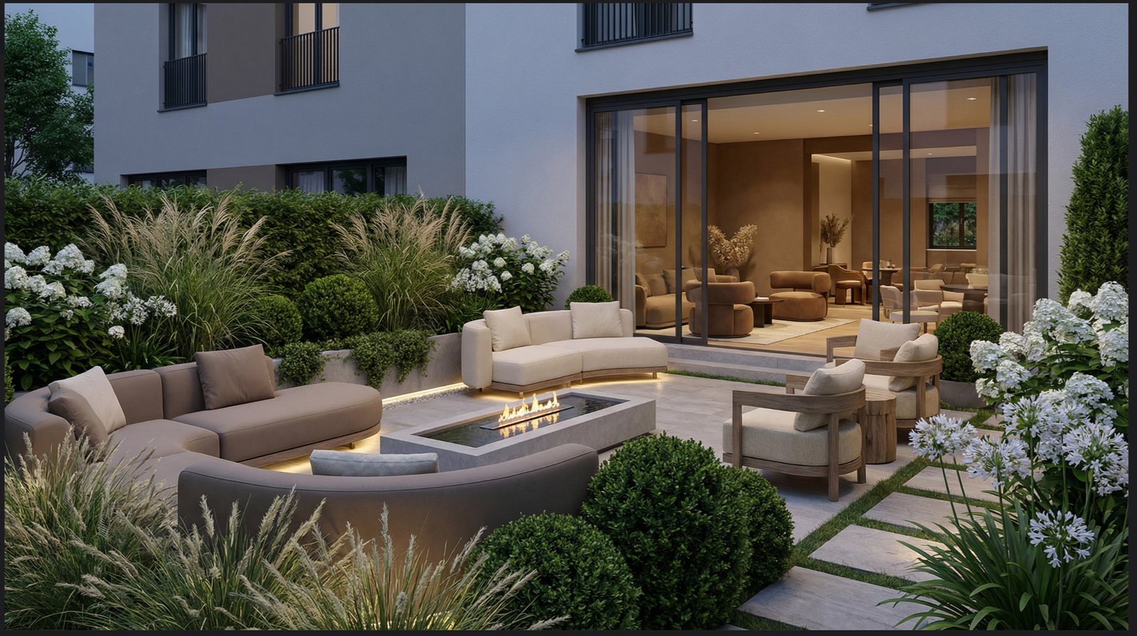 Boutique-Hotel 1020 Wien - gestalteter Außenbereich mit Lounge und Feuertisch (Rendering)