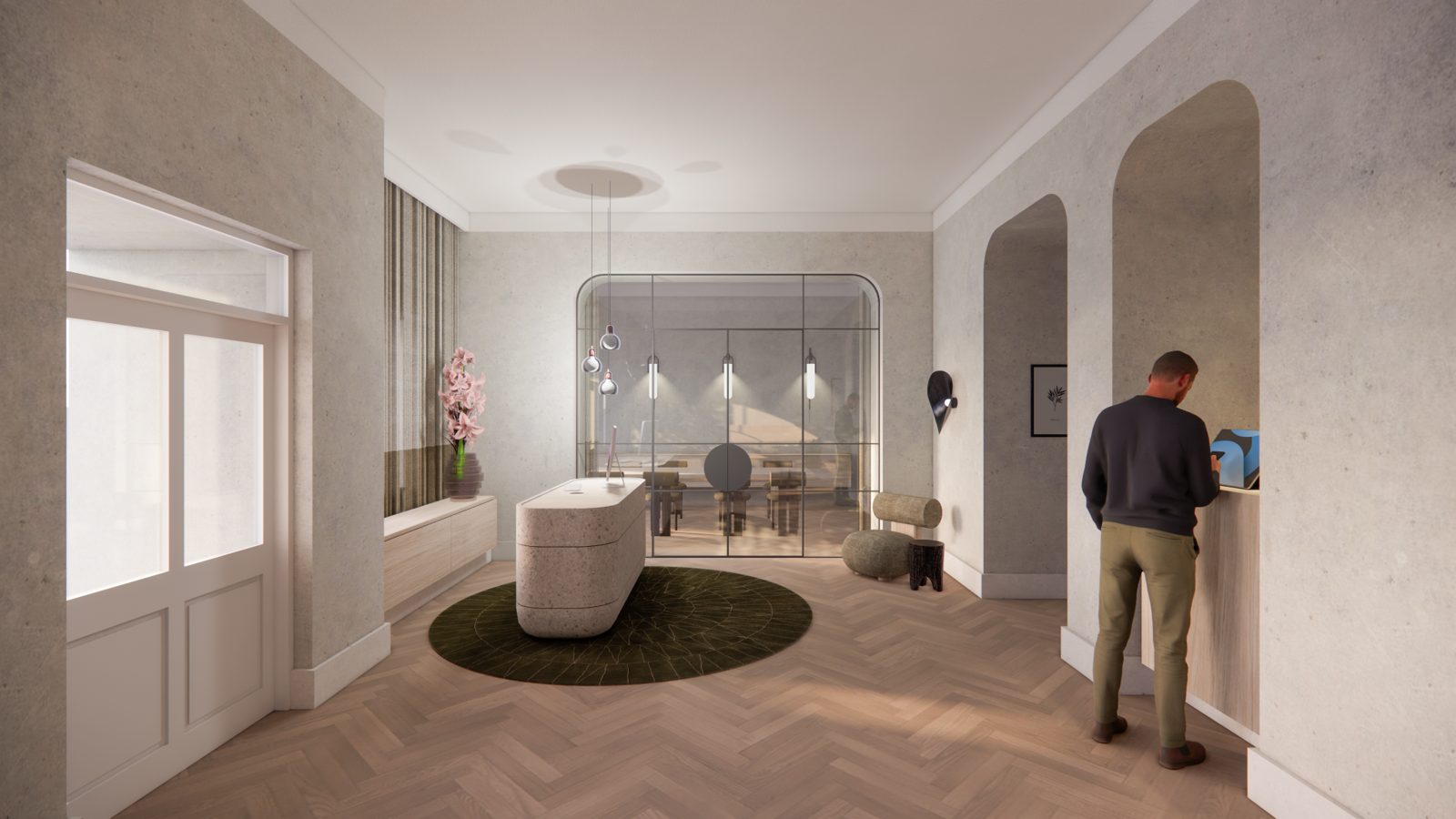 Rendering: Lobby und Rezeption des Boutique-Hotels (Entwurf destilat)