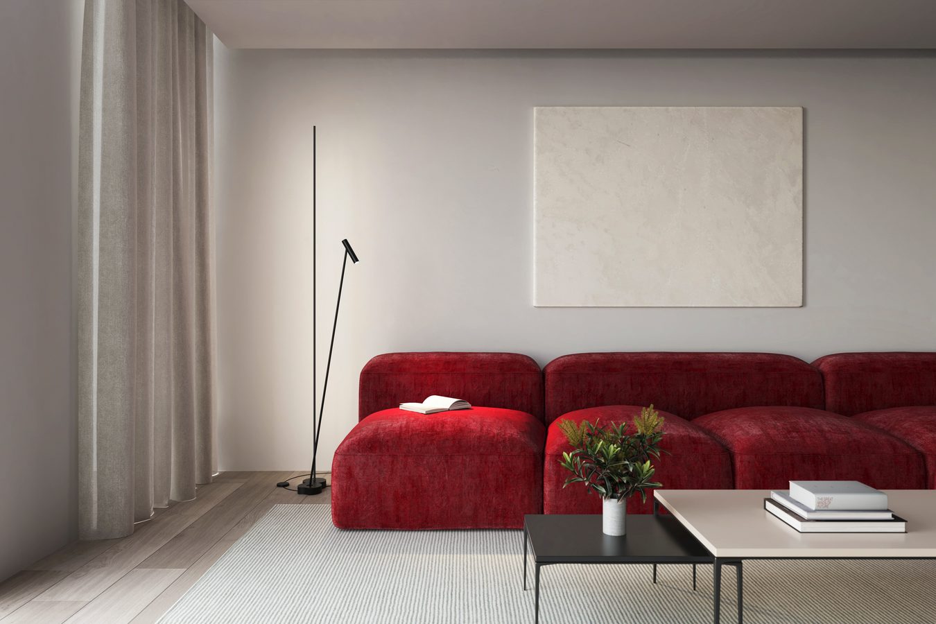 Rendering: Lounge mit Sofa und Kamin (Entwurf destilat)
